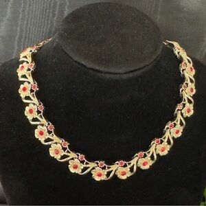 Elegant Quality Floral Gold and Red Rhinestone Necklace 15” length 1/2” width